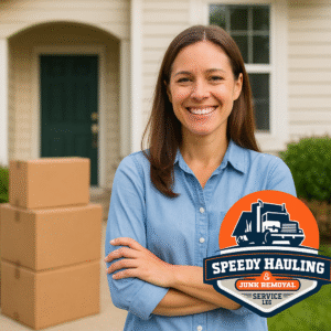 Happy Tampa homeowner after junk removal service by Speedy Hauling before listing home for sale