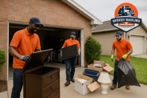 Speedy Hauling Junk Removal team clearing clutter before a Tampa move with logo on top right