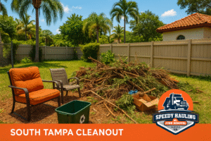 Decluttering backyard furniture and debris in South Tampa home.