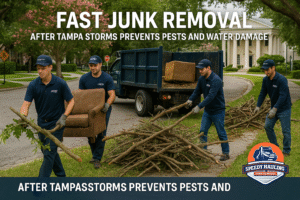 Speedy Hauling team handling storm debris cleanup in Tampa neighborhood.