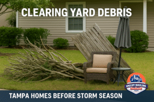 Branches, old fencing, and patio furniture cleared by Speedy Hauling before Tampa storm season.
